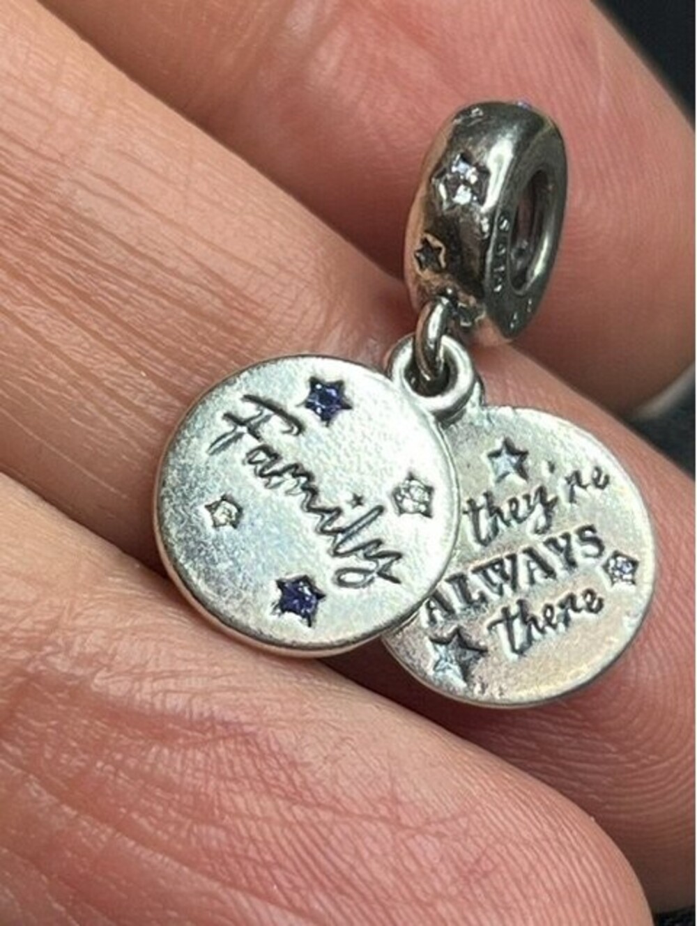 B7525 Pandora Dangle Charm Sterling Silver Family Always There Blue Clear Stars